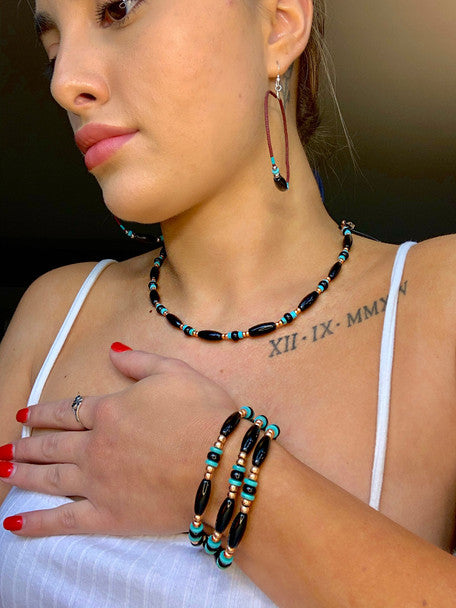 Black Onyx And Copper Native American Style Beaded Bracelet