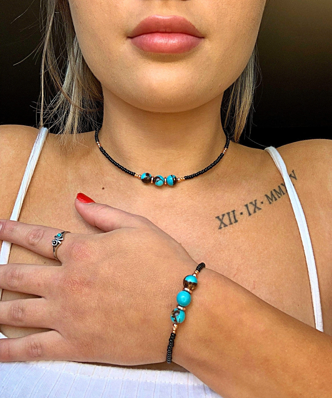 Bronzite Turquoise And Copper Choker