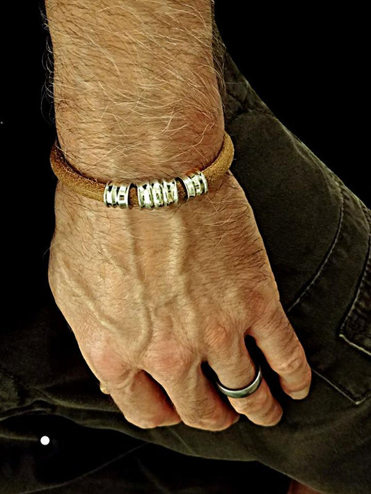 Stainless Steel/Natural Tan Leather Mens Bracelet