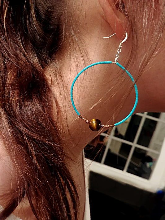 Tiger Eye Turquoise/Copper Sterling Earrings